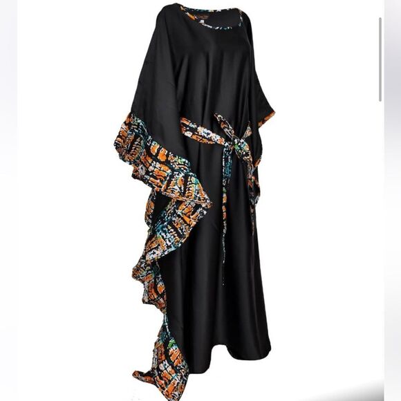 Declaj Clothing original black silky adire edge pullover dress/gown/kaftan. - Picture 3 of 12